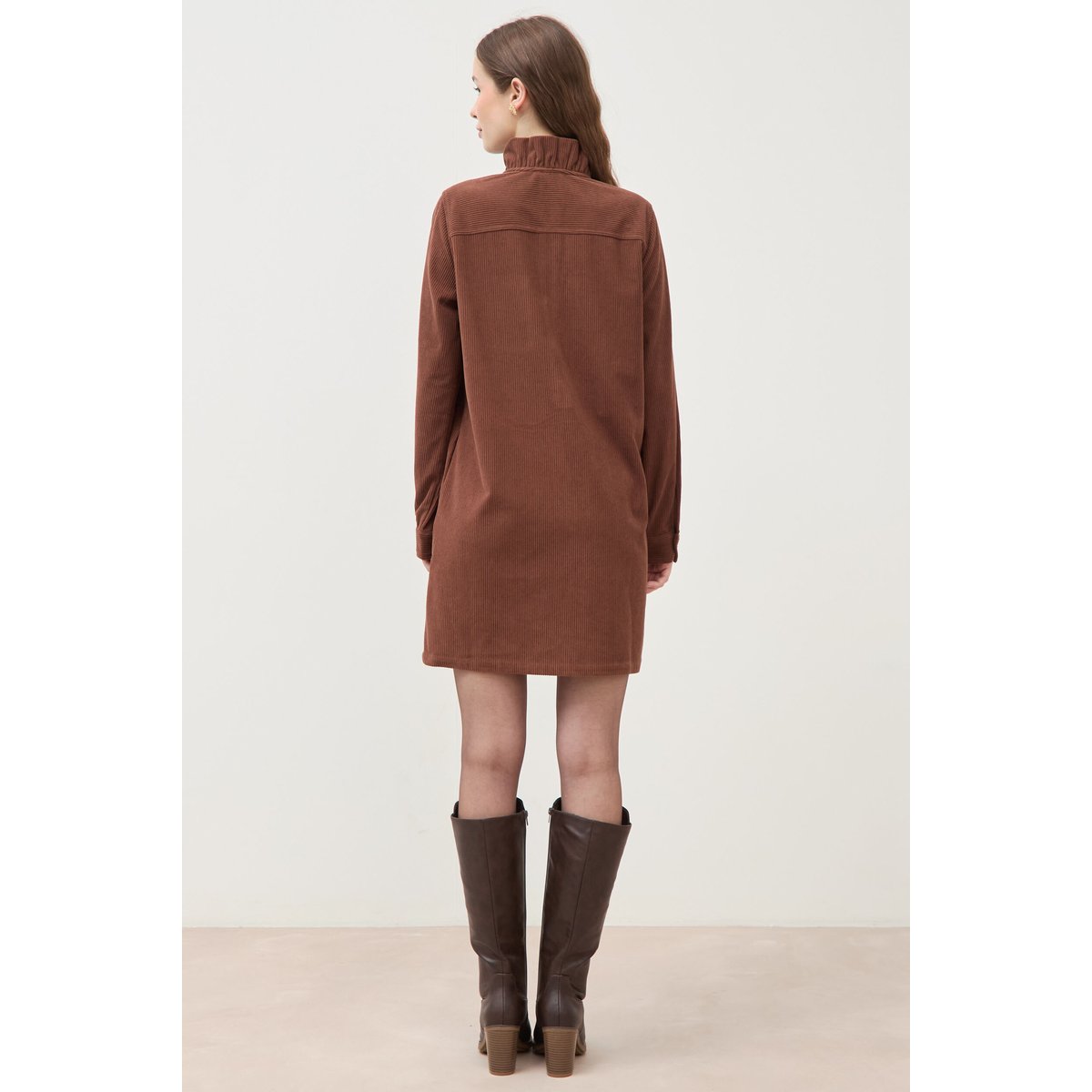 Robe velours manches longues col montant marron foncé, BONOBO