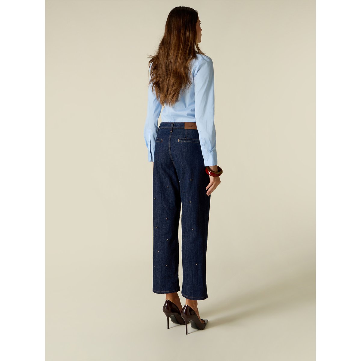Jean cropped avec cristaux bleu, OLTRE