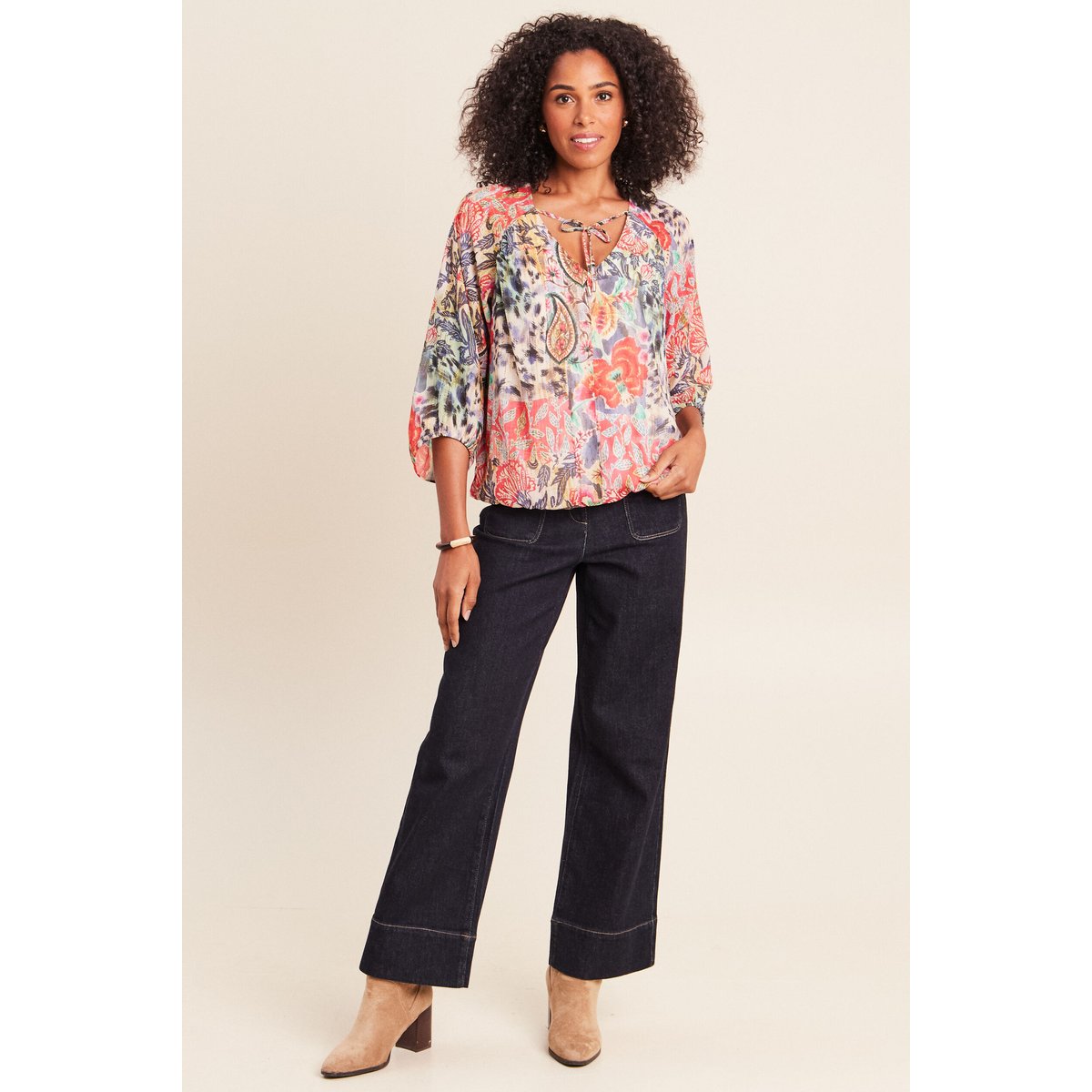 Blouse cintrée col v manches 3/4 multicolore, BREAL
