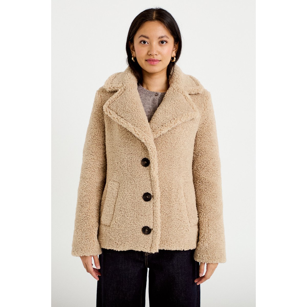 Manteau droit bouclettes col tailleur beige, CACHE CACHE