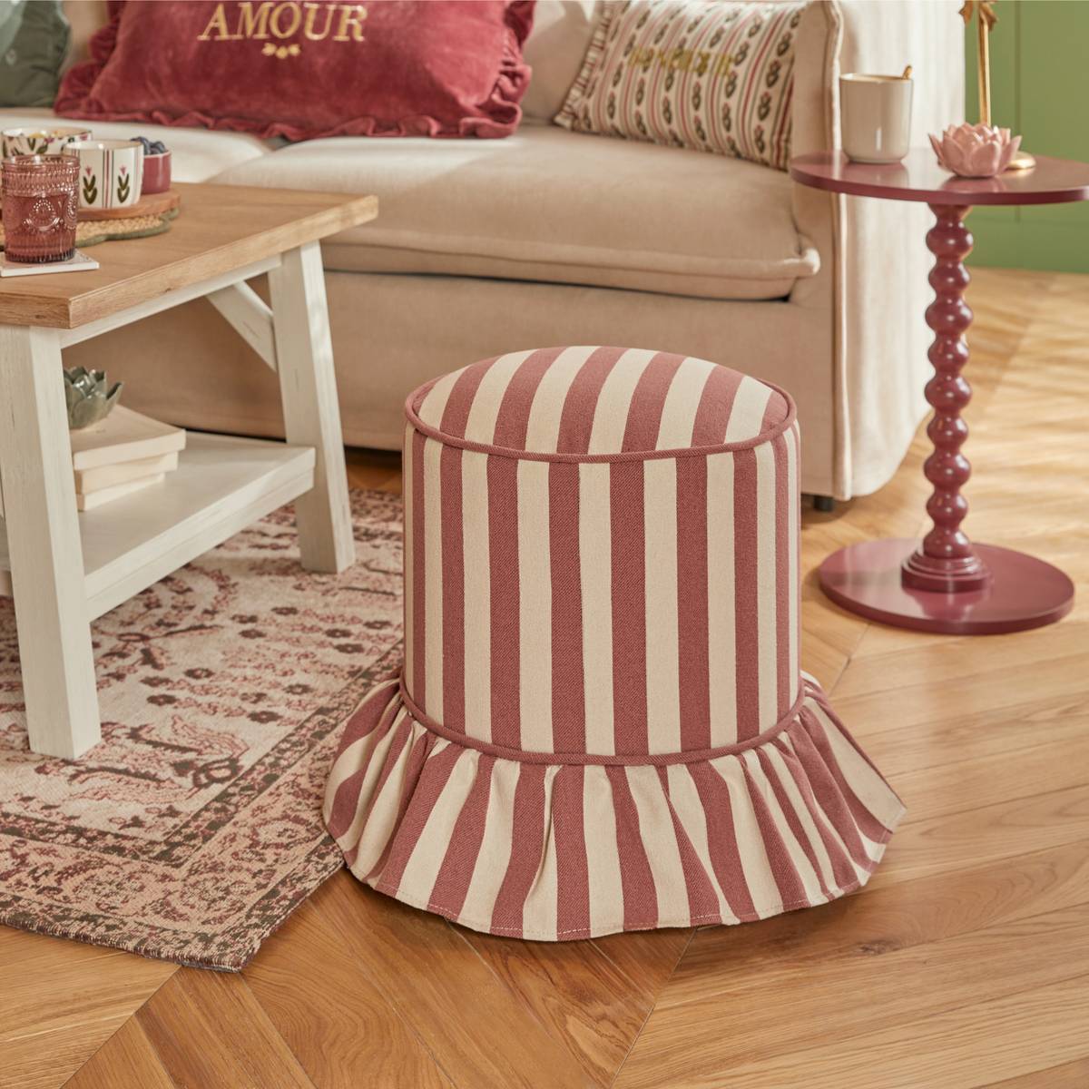 Pouf rond en pin FIORA rose, ATMOSPHERA
