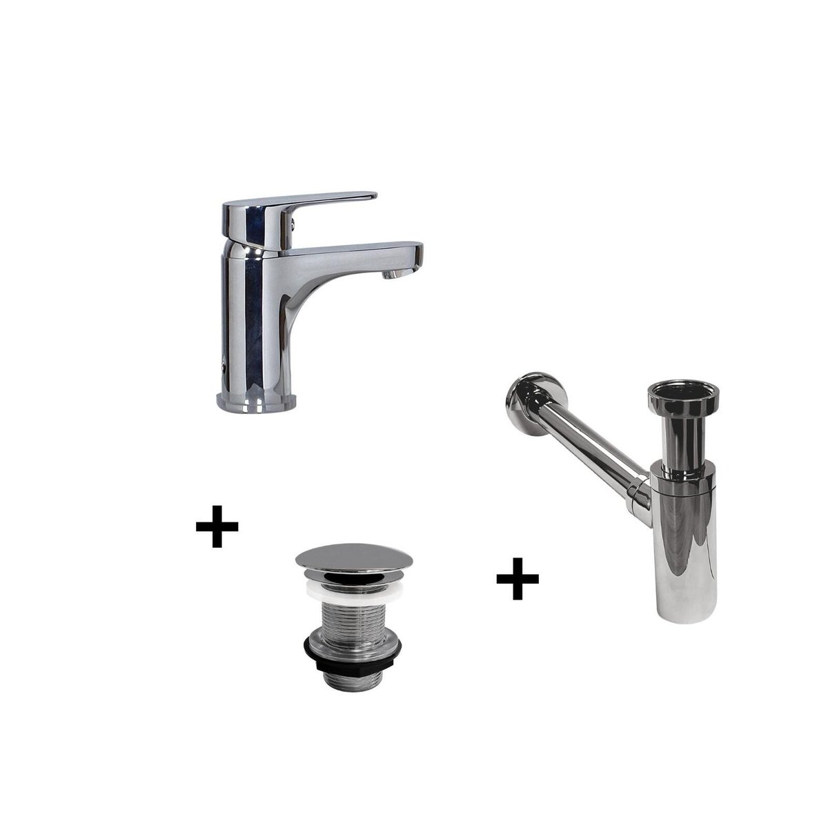 Robinet bec bas TAP + bonde LIV + siphon SIMON chromé, MOB IN