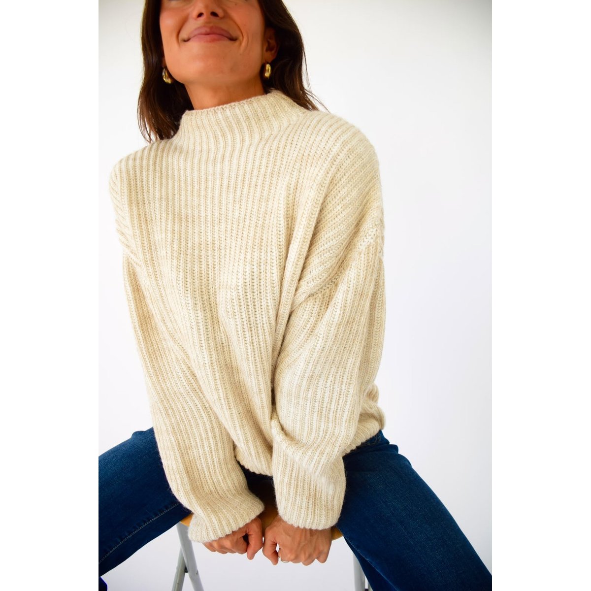 Pull col montant maille côtelée RITA beige, MINDTRAVELER