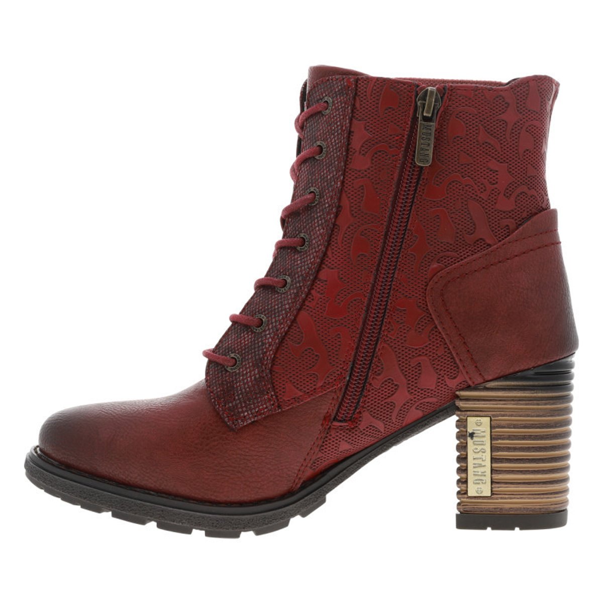Bottines kaki à talon décroché haut avec un zip et des lacets ronds bordeaux, MUSTANG