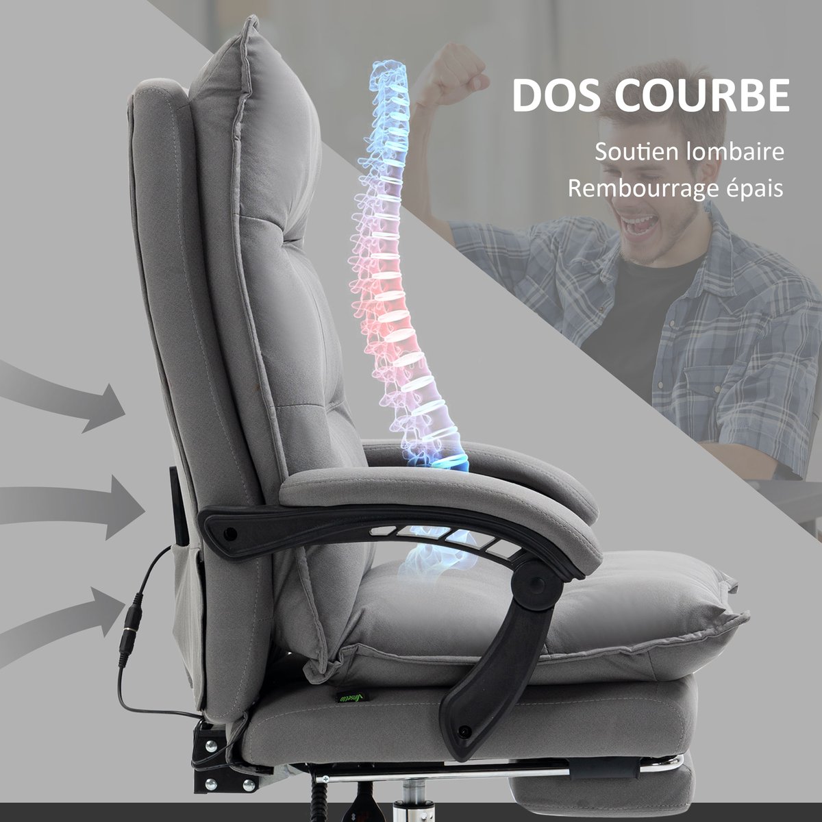 Fauteuil de bureau avec fonction massage gris, HOMCOM