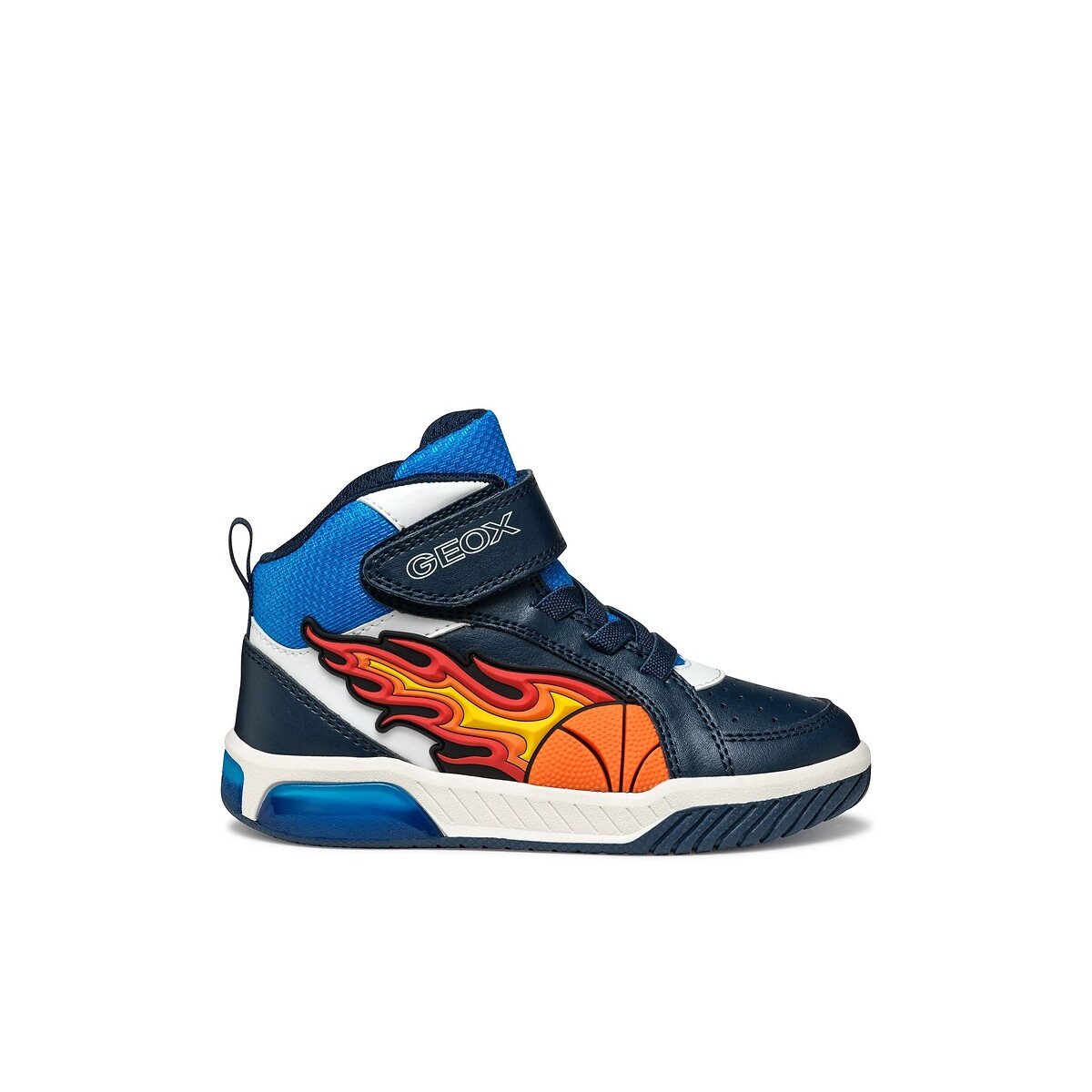 Kids Inek Breathable High Top LED Trainers navy/orange, GEOX
