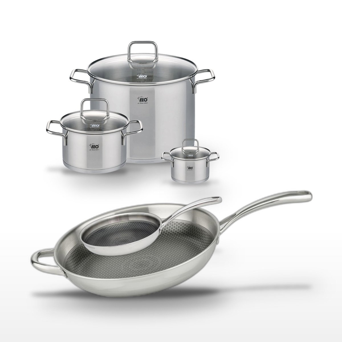 Batterie 2 poêles 24/32cm + 3 faitouts RELIEF EVOLUTION inox, ELO