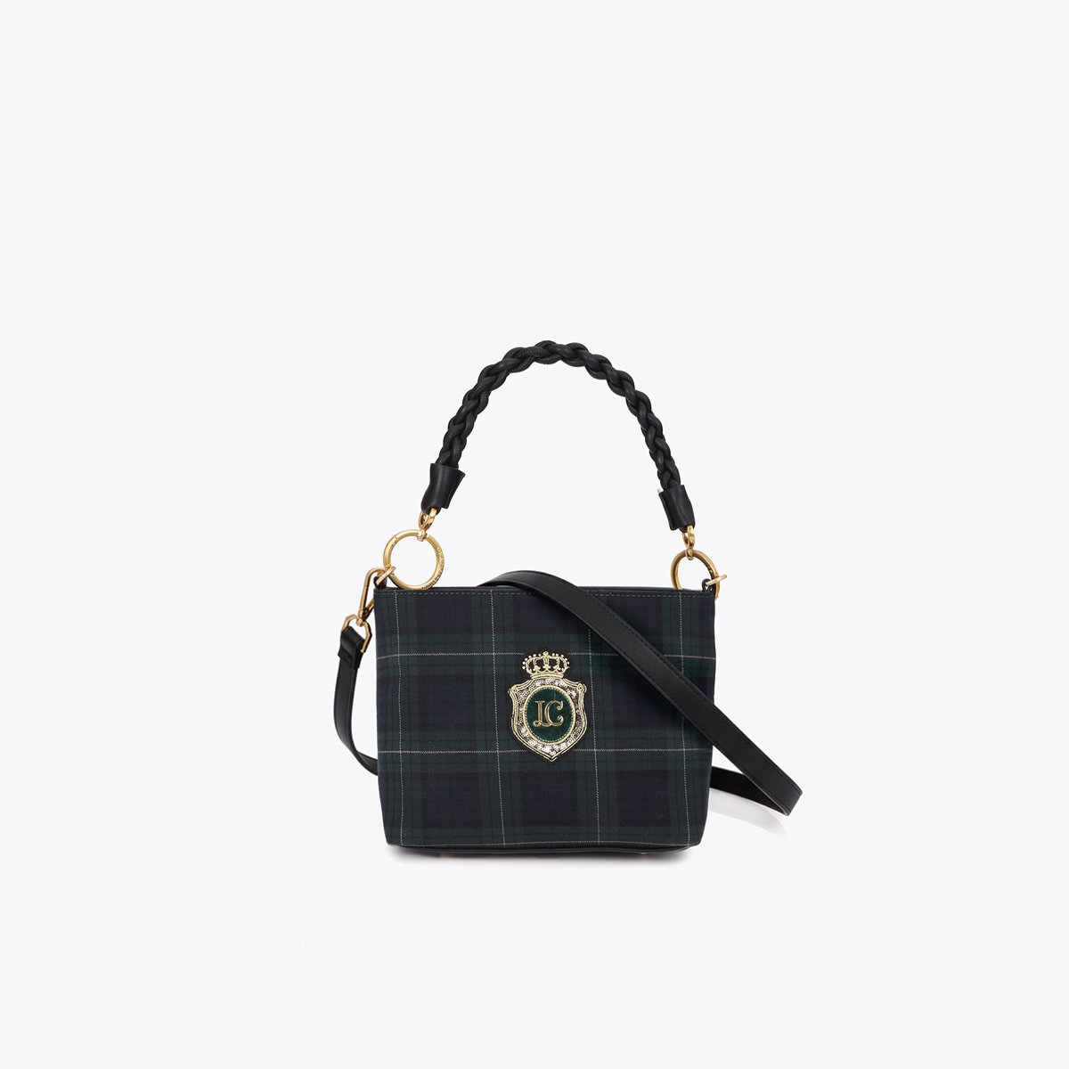 Sac à bandoulière à carreaux avec écusson brodé vert sapin, LOLA CASADEMUNT