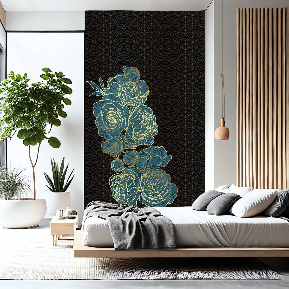 Papier peint, rose bleue noir, HEXOA