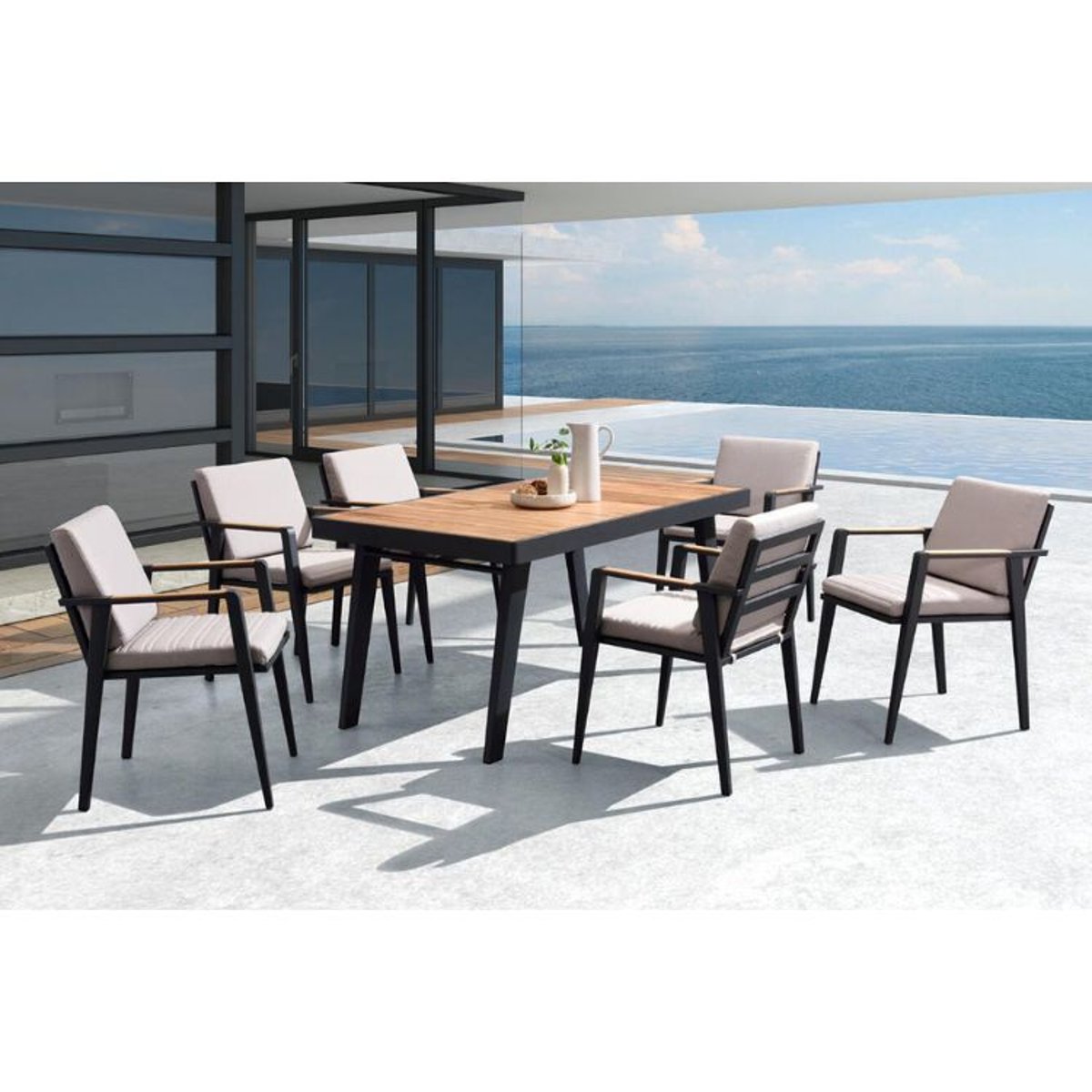 Ensemble repas en aluminium et en teck, LOVY gris anthracite, AU JARDIN DE CHLOÉ