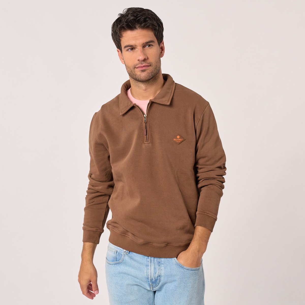 Sweatshirt en coton biologique à col ZIPPE marron, BILLYBELT