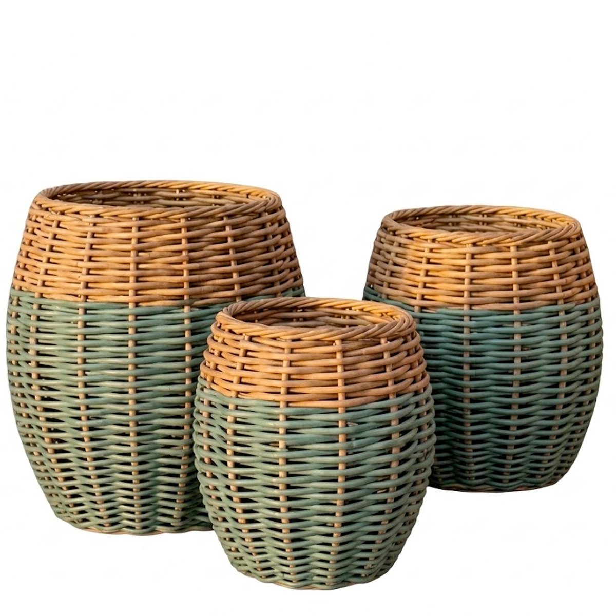 Set de 3 paniers tressés en rotin synthétique pour extérieur 55x55x47cm vert, WADIGA