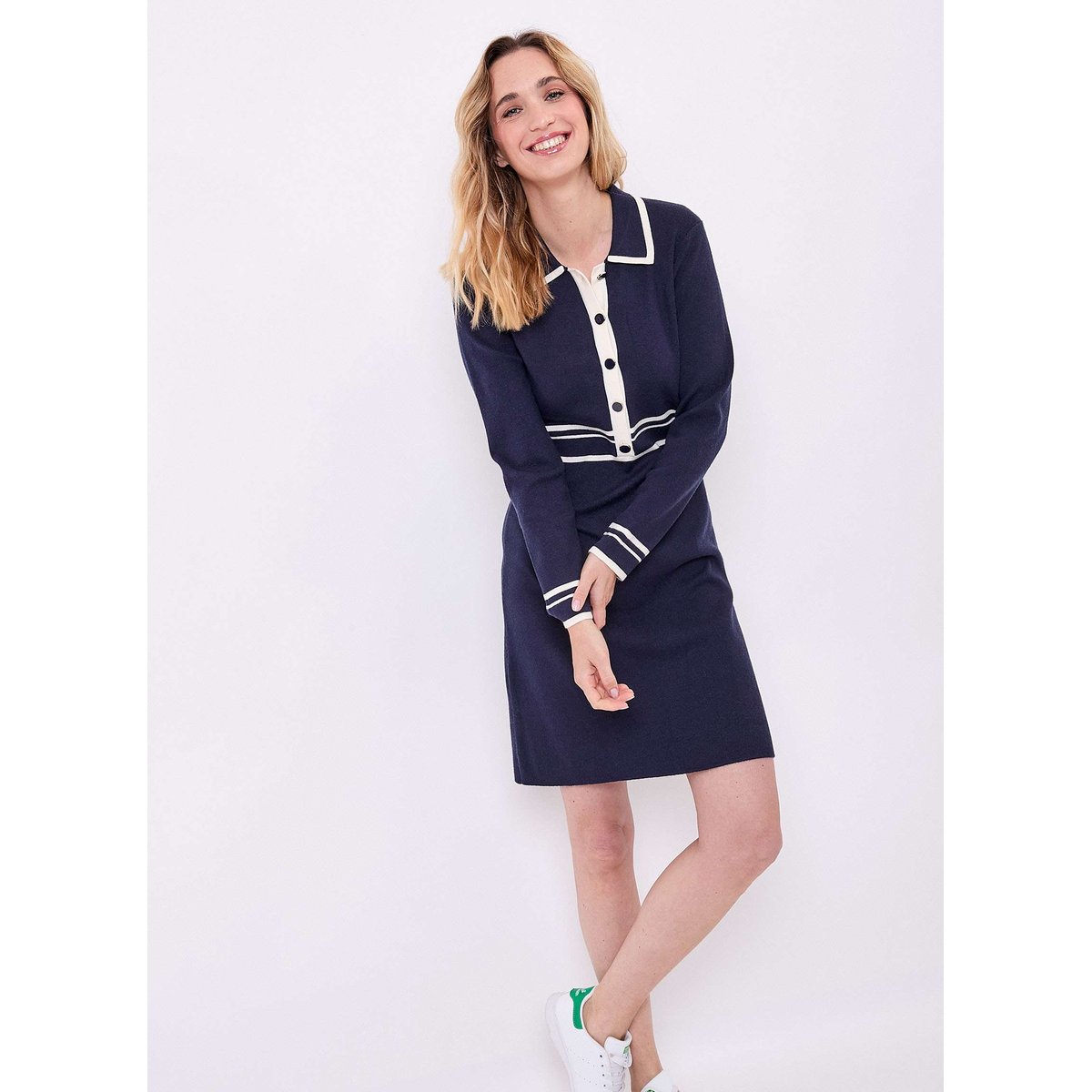Robe maille compacte col chemisier MARGAUX bleu marine blanc, PRINCESSE NOMADE