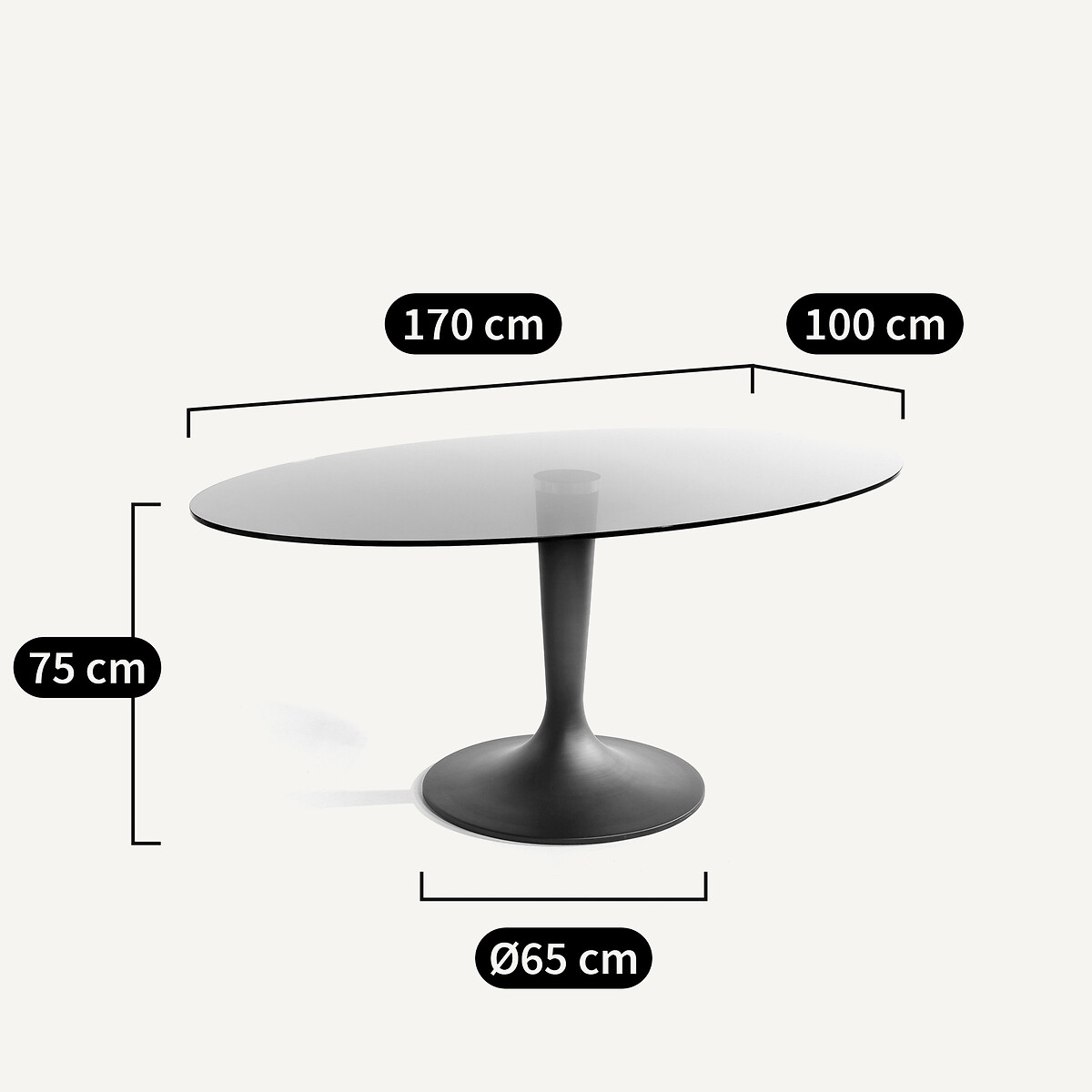 Table avec plateau forme ellipse en verre fumé, 6 couverts, SEONA verre fumé, AM.PM