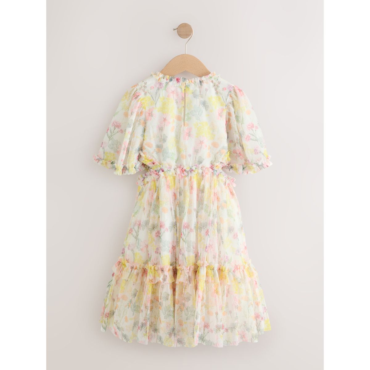 Robe habillée en mesh fleurie et manches ange jaune, NEXT