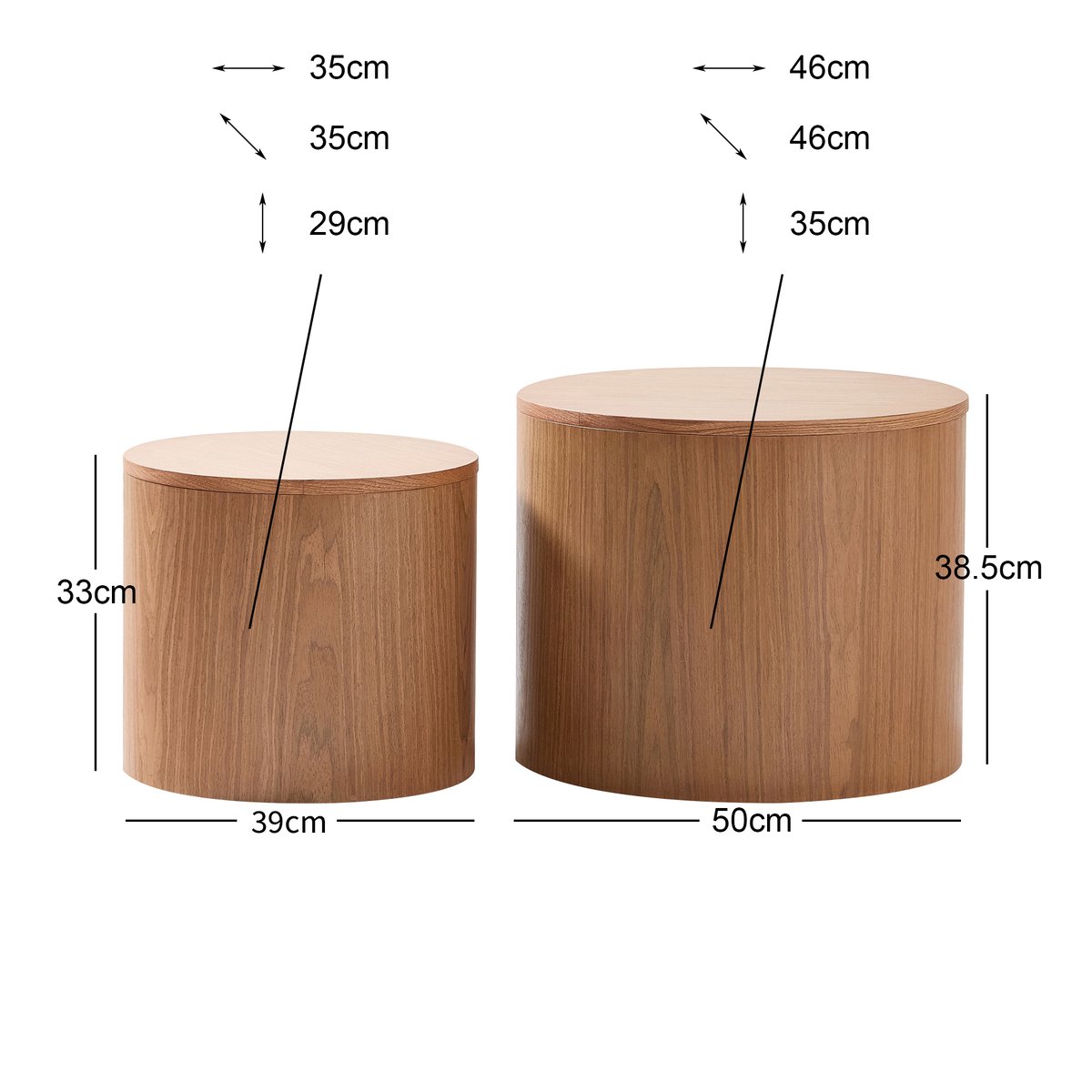 Lot de 2 tables basses avec rangement, rondes, bois, YATOMI bois naturel, NORDLYS