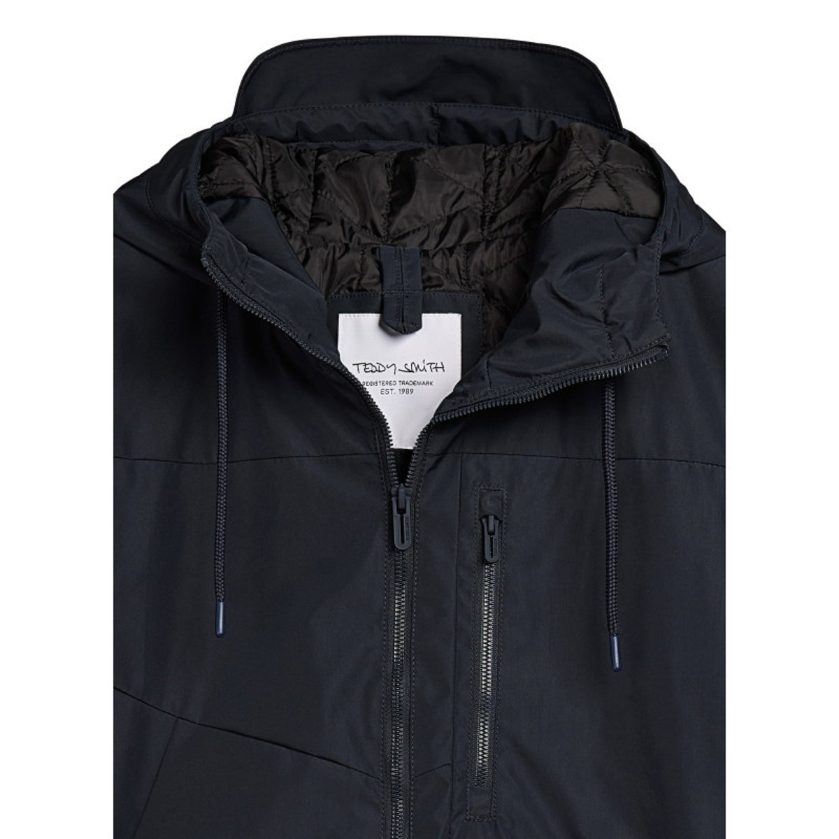 Imperméable bleu marine uni zippé à l'avant avec un col à capuche marine, TEDDY SMITH