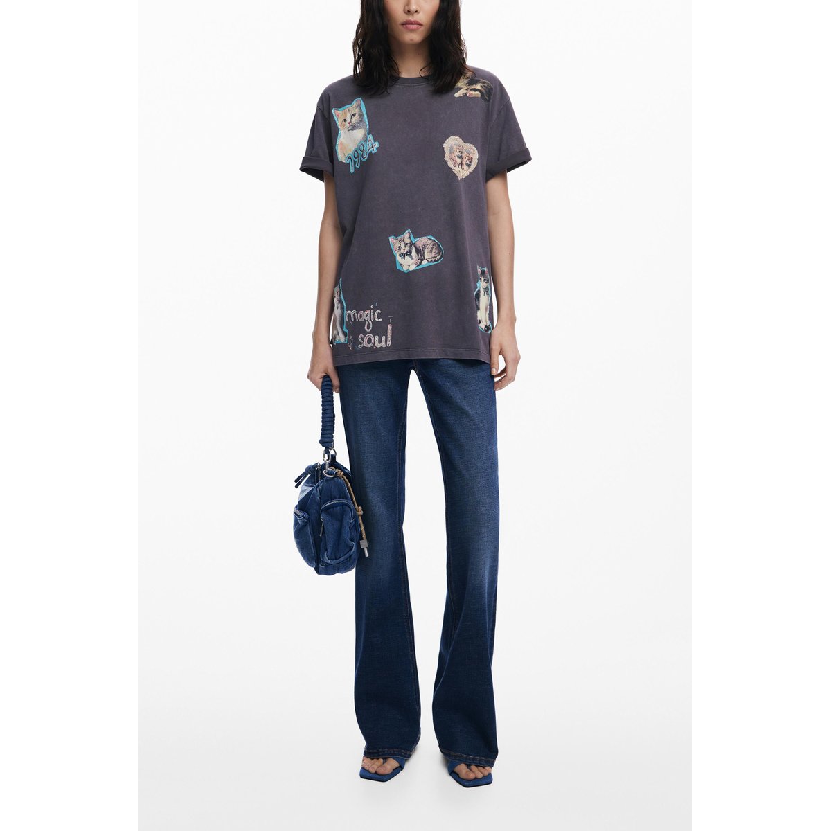 T-shirt en coton avec chats gris, DESIGUAL