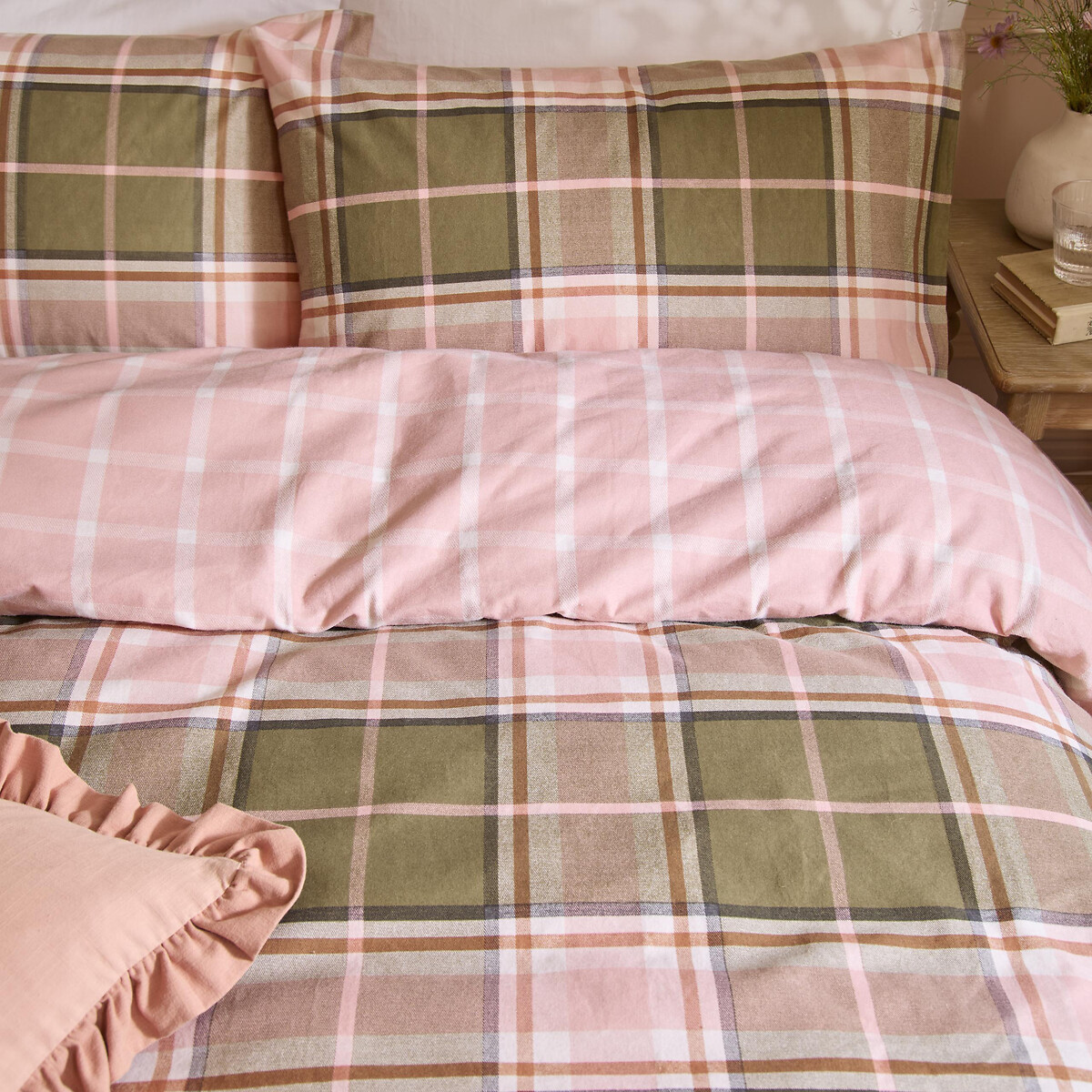 Braemar Check Soft Brushed Cotton Duvet Cover and Pillowcase Set pink/green, WYLDER