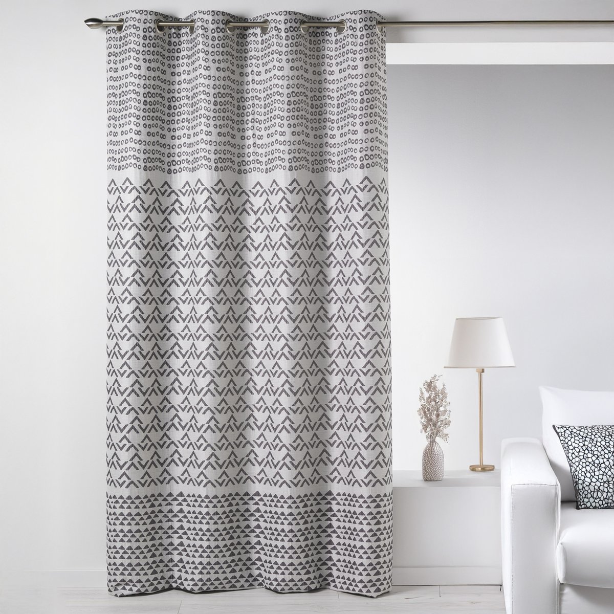Rideau en jacquard aux motifs fantaisies gris clair, HOME MAISON