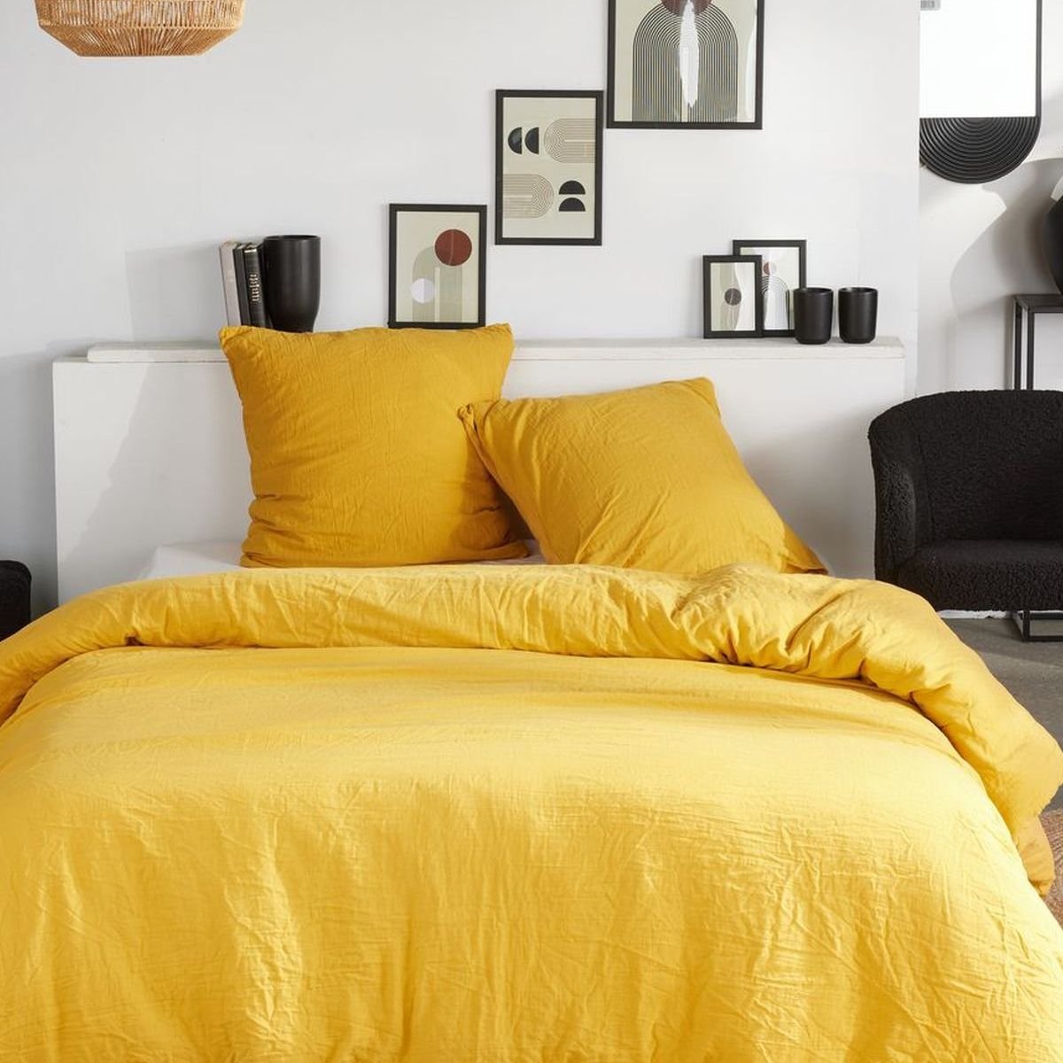 Parure de lit gaze de coton unie OCRE ESSENTIAL jaune, TODAY