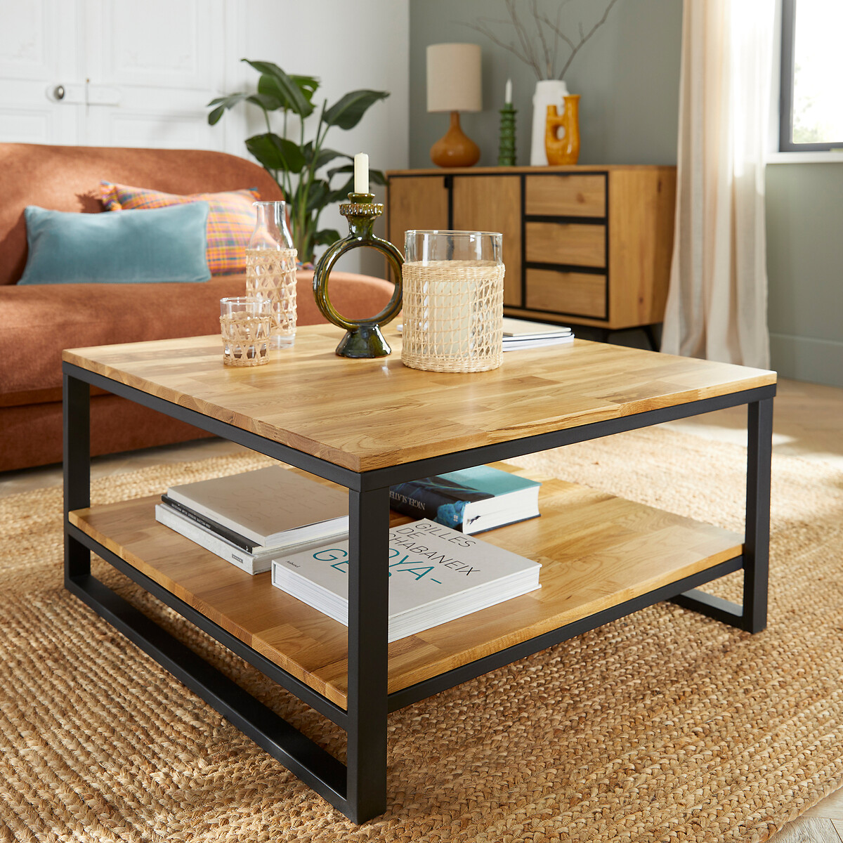 Table basse carrée, en chêne massif et métal acier, HIBA naturel, LA REDOUTE INTERIEURS
