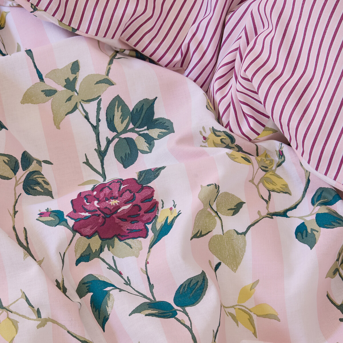 Climbing Rose Stripe Reversible Cotton Duvet Cover and Pillowcase Set pink, CATH KIDSTON