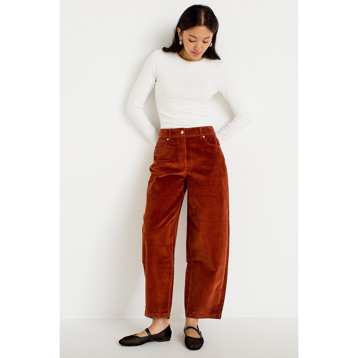 Pantalon barrel en velours marron cognac, CACHE CACHE