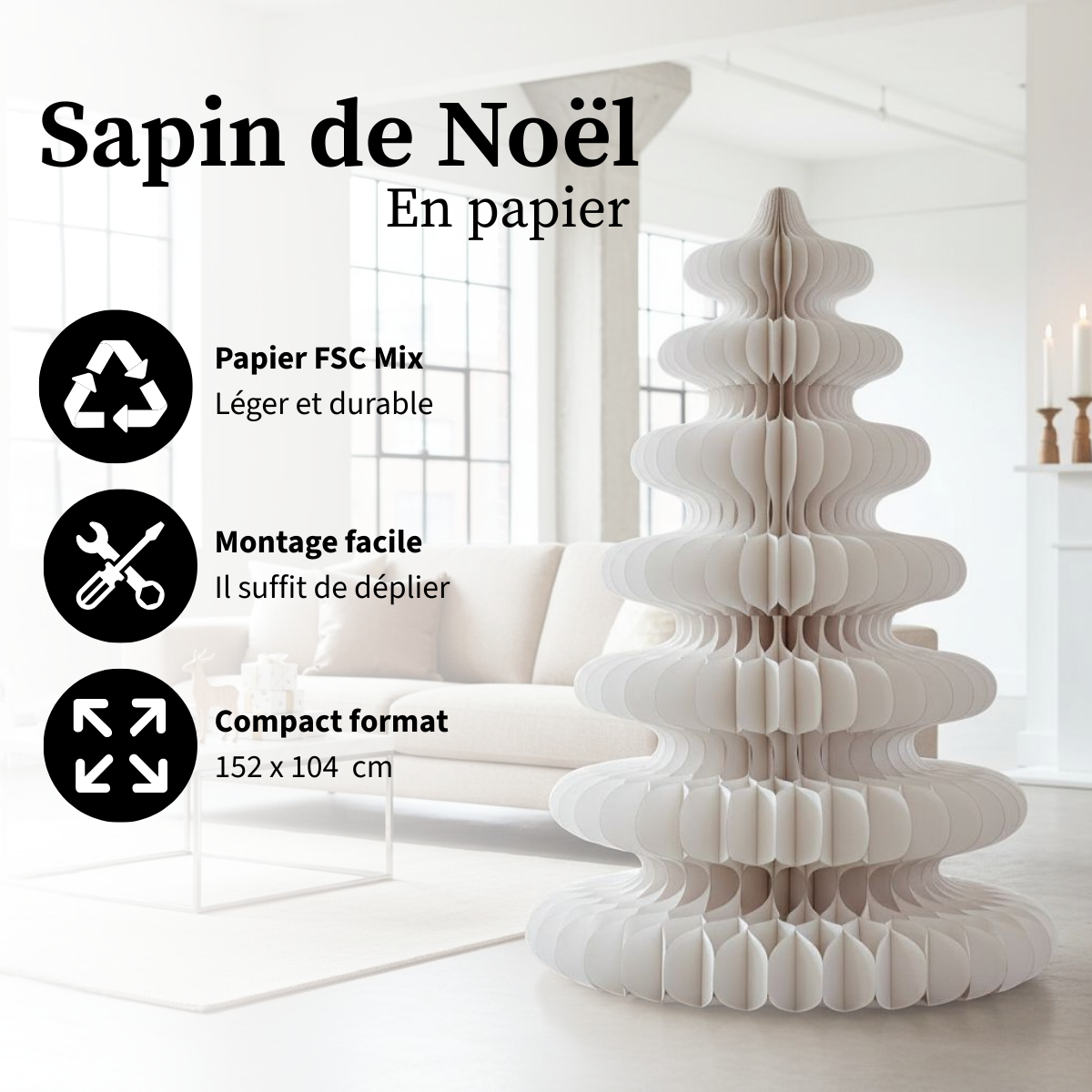 Sapin de Noël décoratif en papier H153 cm YARRAH blanc, MICA DECORATIONS