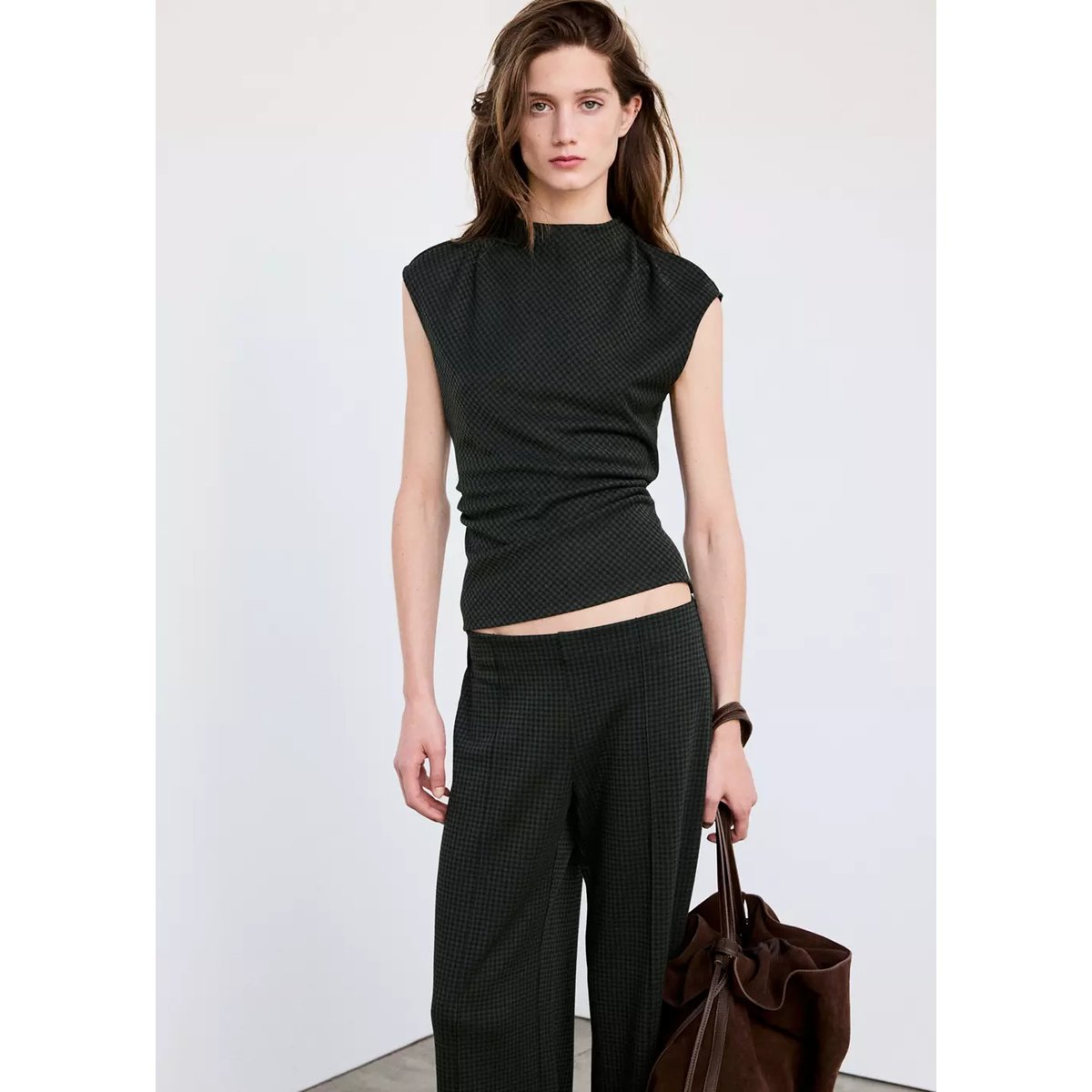 Pantalon droit à carreaux vert, MANGO