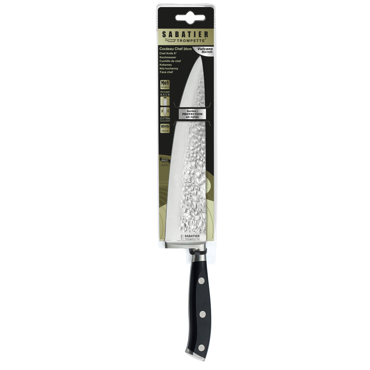 Couteau de chef 20 cm martelé avec protection de lame - CARBON noir, SABATIER TROMPETTE