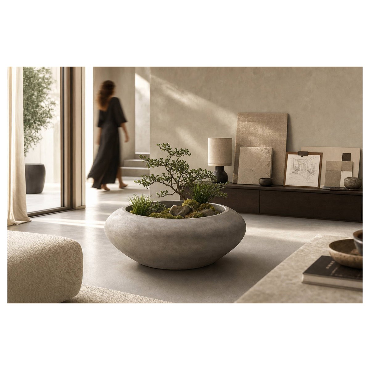 Cache-pot rond en ciment gris anthracite, RECOLLECTION