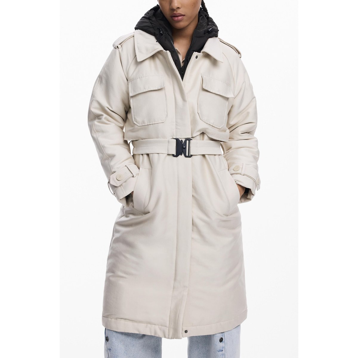 Manteau long matelassé léger beige, DESIGUAL