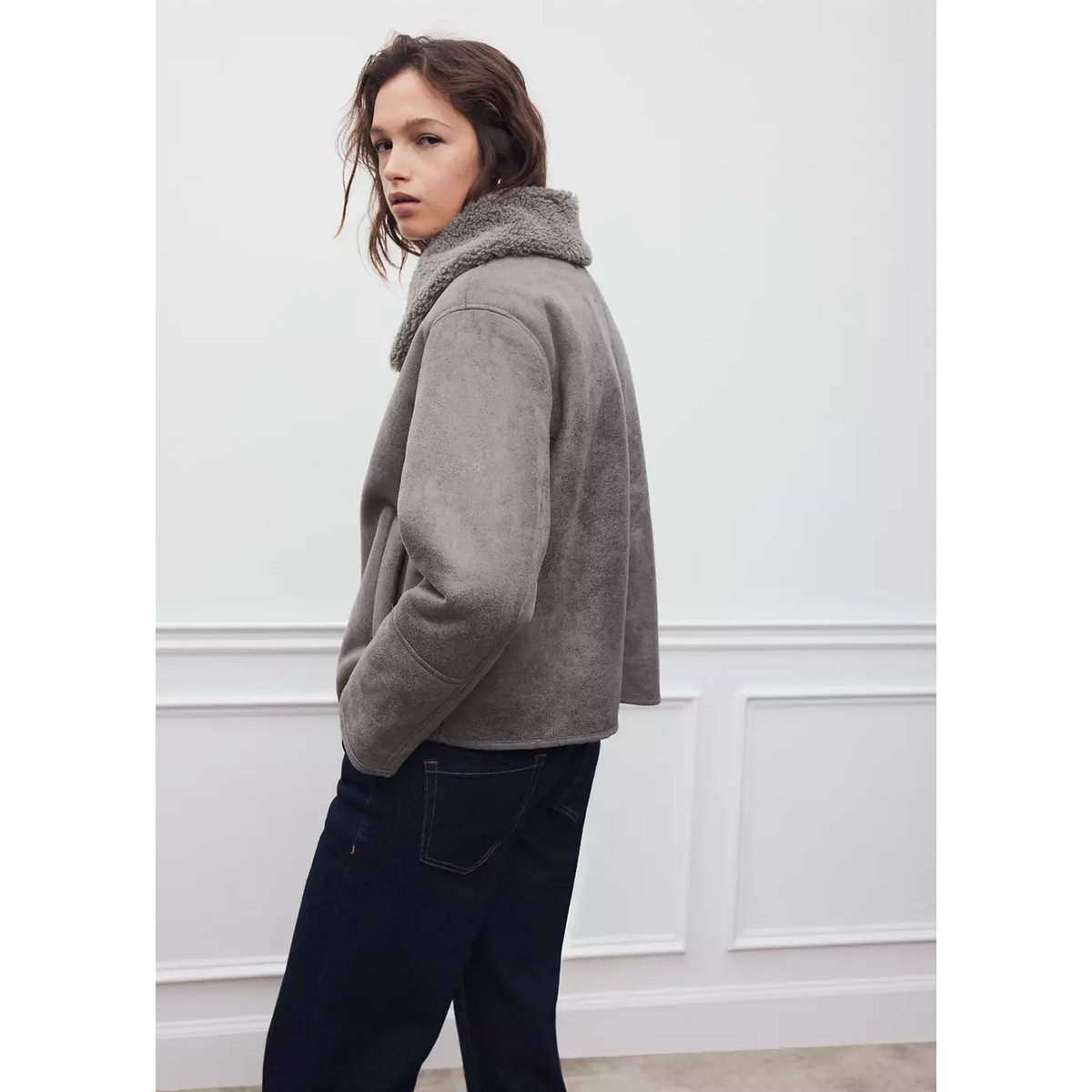 Manteau oversize imitation mouton retourné gris, MANGO TEEN
