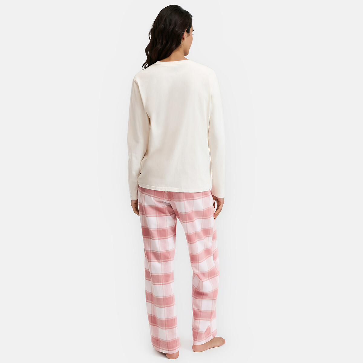Pyjama 2 pièces avec t-shirt en jersey et pantalon en flanelle carreaux rose, LA REDOUTE COLLECTIONS