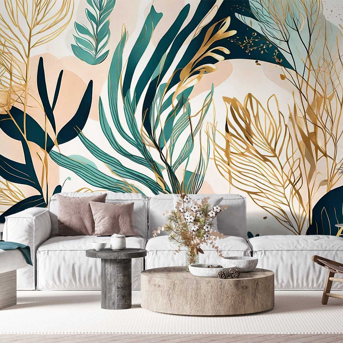 Papier peint feuillage dorée intissé, HEXOA