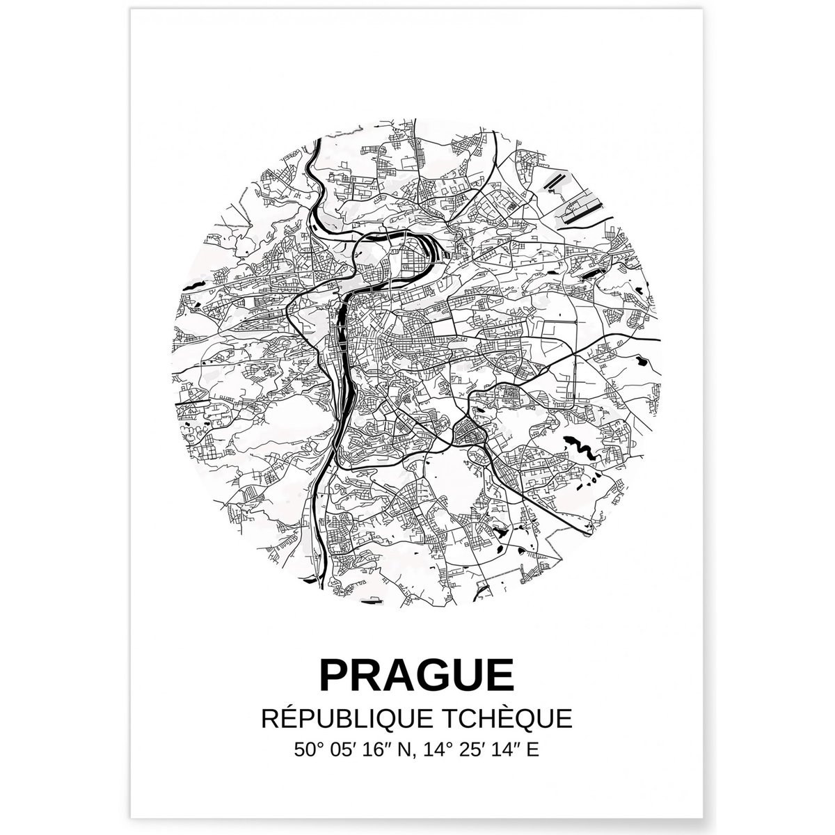 Affiche Carte Prague blanc, L'AFFICHERIE