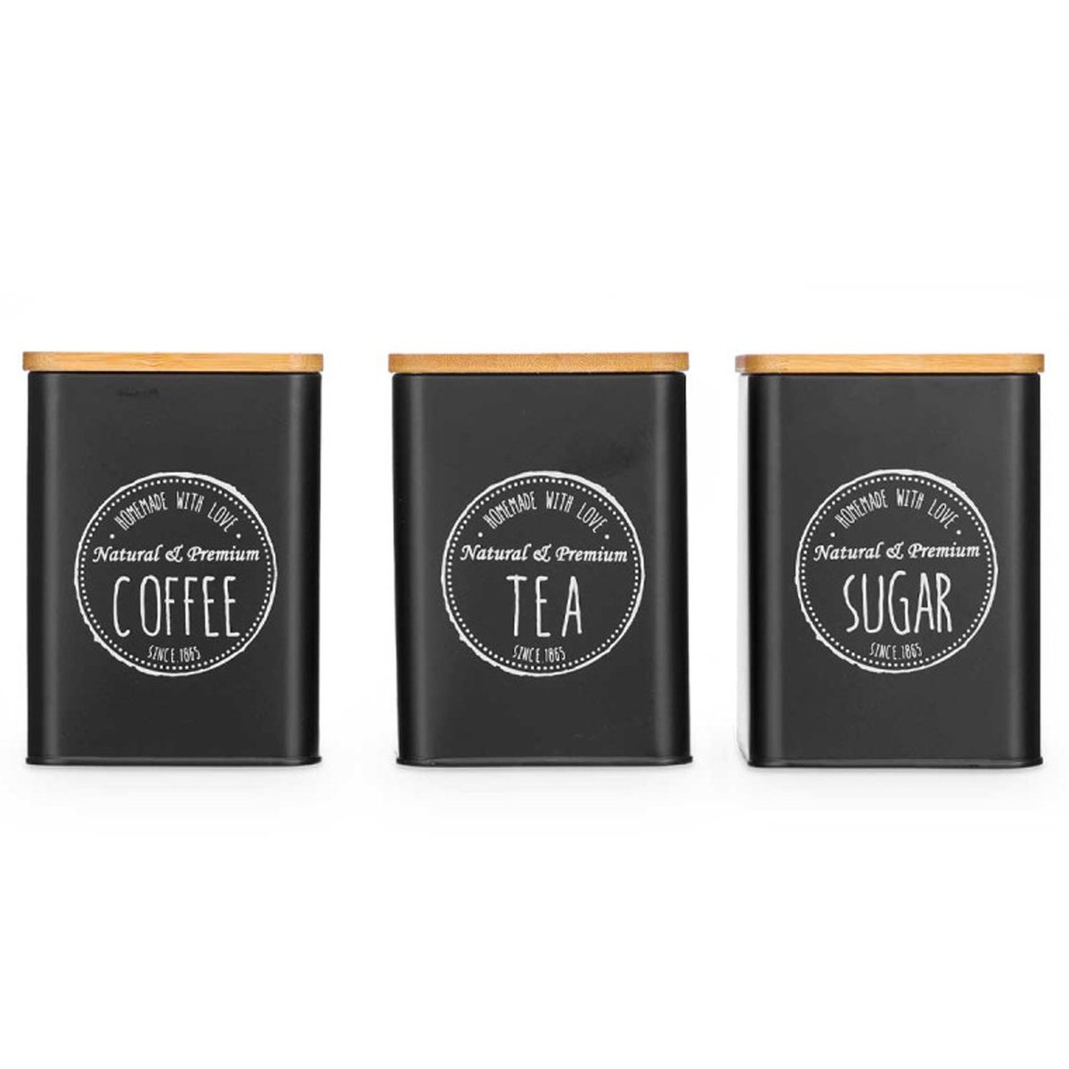 Set de 3 boîtes en métal noir café, sucre, thé 10x10x13.5cm noir, WADIGA