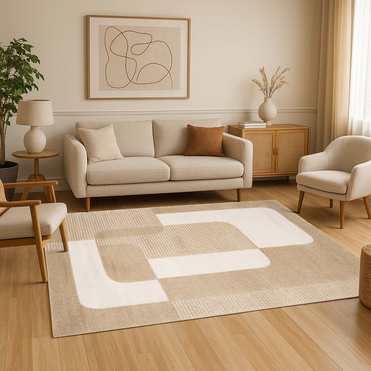 Tapis doux à relief moderne graphique DESIGN GEOPOP beige, THE DECO FACTORY