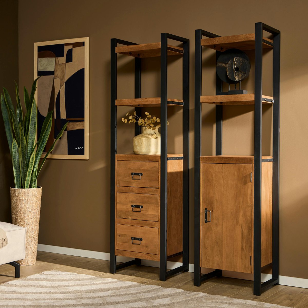 Colonne étagère en bois 1 porte 2 niches MILORA naturel, PIER IMPORT