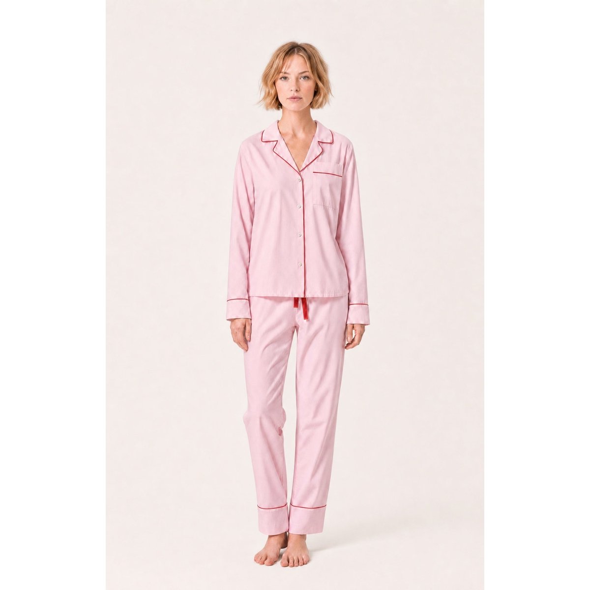 Pyjama boutonné en popeline de coton couleur unie Constance rose, ARTHUR