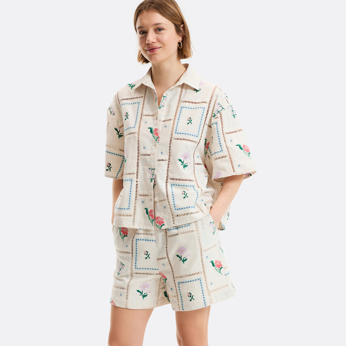 Chemise manches courtes brodée et ajourée ivoire brodé, LA REDOUTE COLLECTIONS