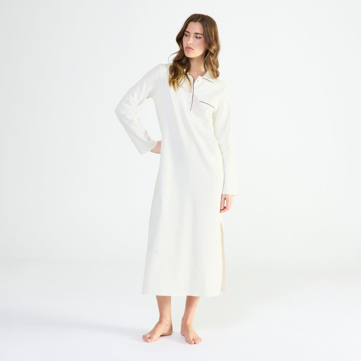 Chemise de nuit longue col polo en coton MYSTÉRIEUSE ecru, LAURENCE TAVERNIER