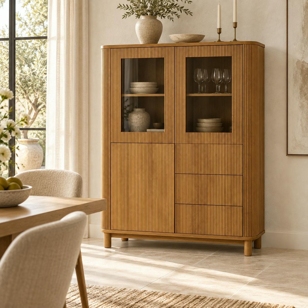 Buffet haut chêne rainuré 2 portes vitrées IENA bois naturel, PIER IMPORT