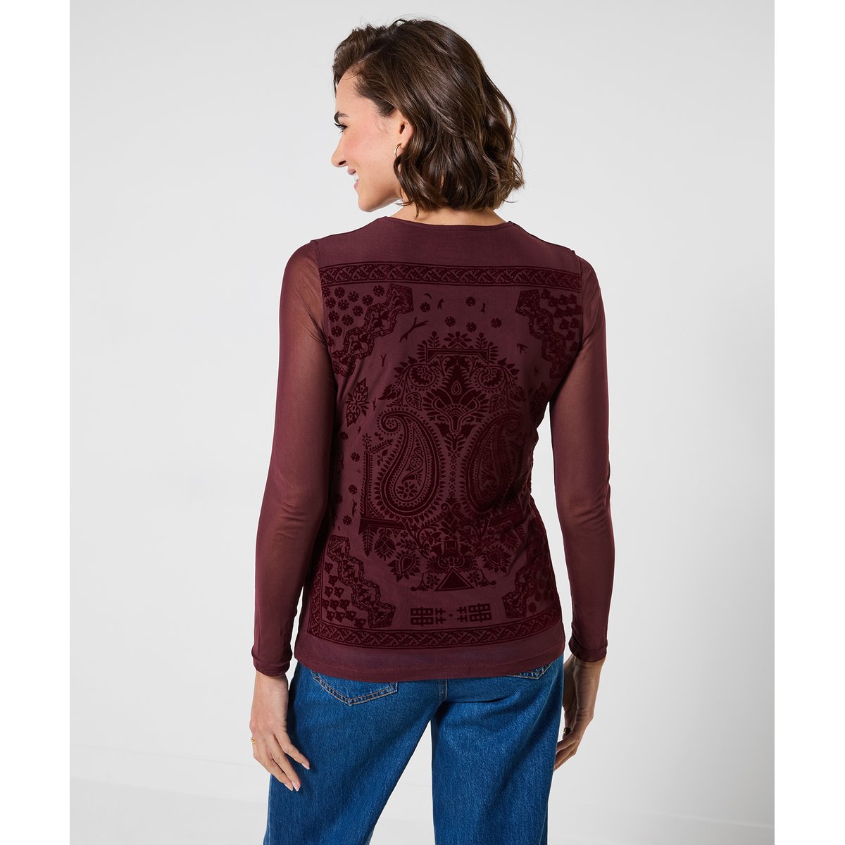 Henley en Mesh à Manches Longues et Imprimé Floqué marron, JOE BROWNS