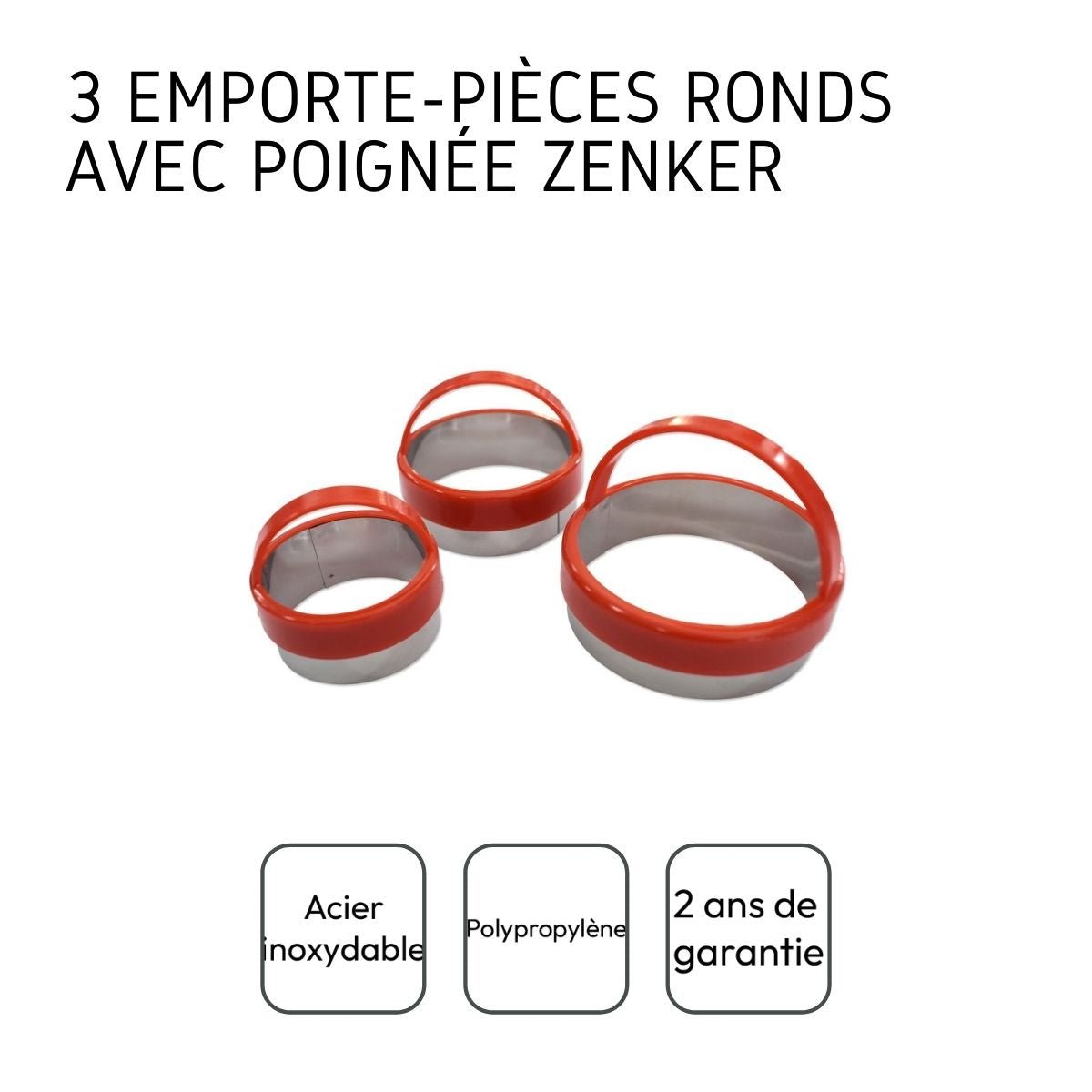 Lot de 3 emporte-pièces ronds avec poignée rouge,inox, ZENKER