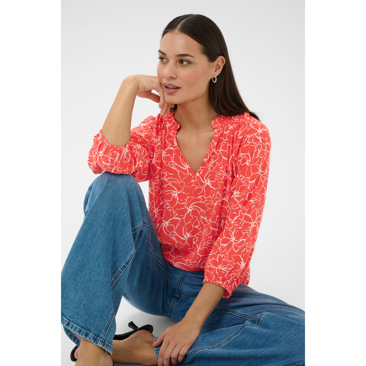 Blouse à manches longues rouge blanc poppy red chalk flower, KAFFE