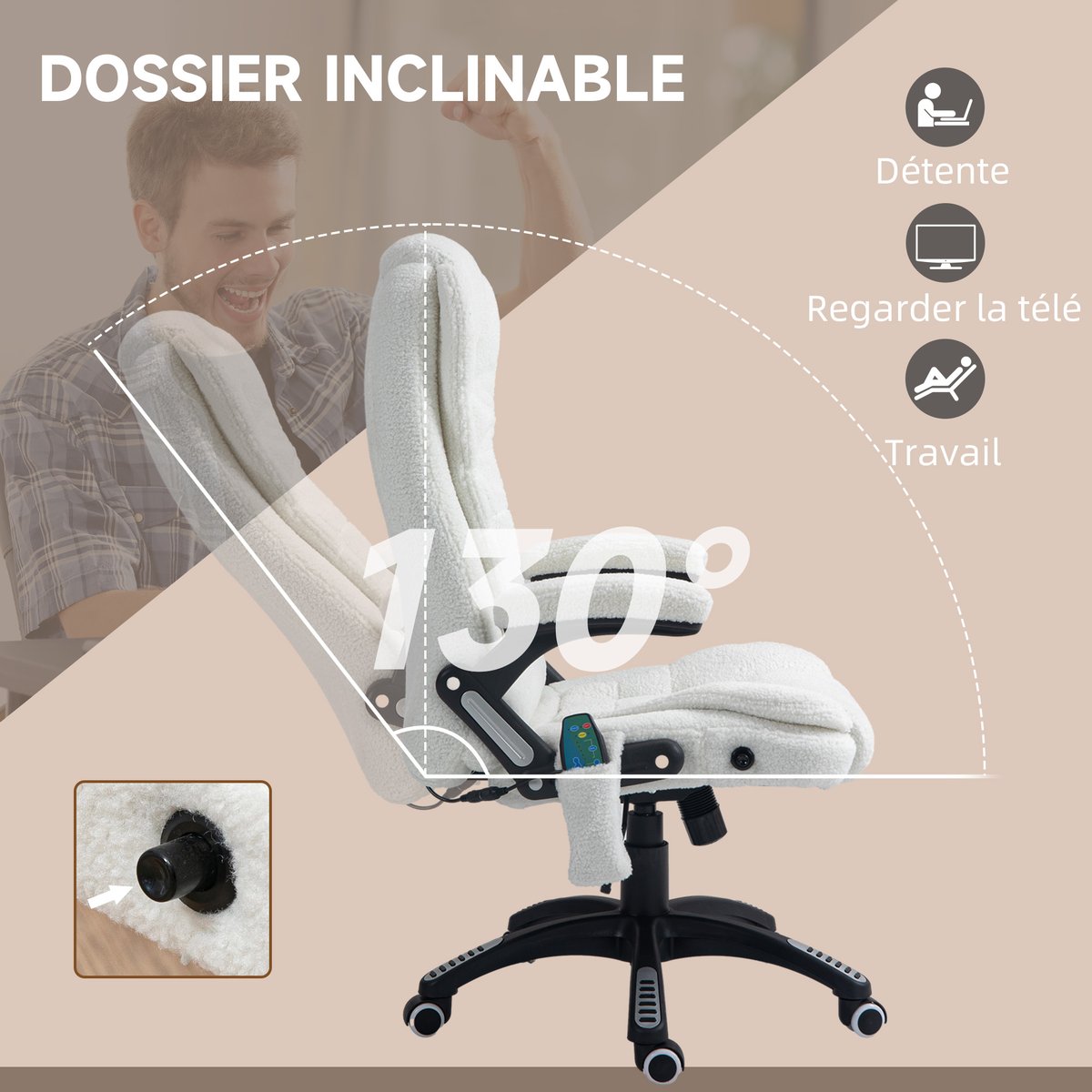 Fauteuil de bureau avec fonction massage blanc, HOMCOM