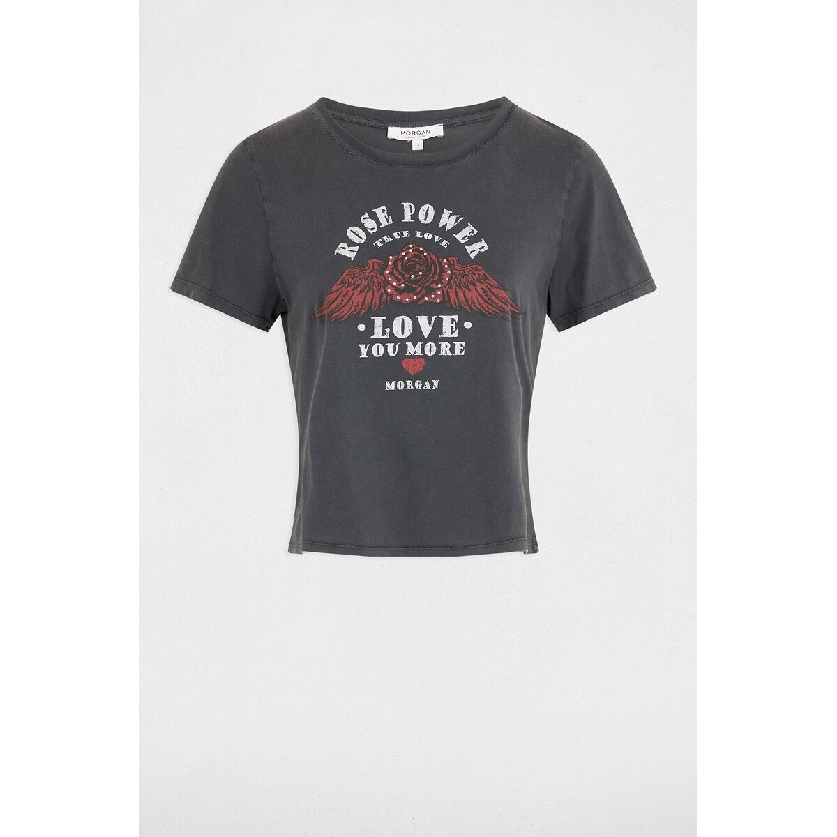T-shirt col rond manches courtes imprimé devant gris anthracite, MORGAN