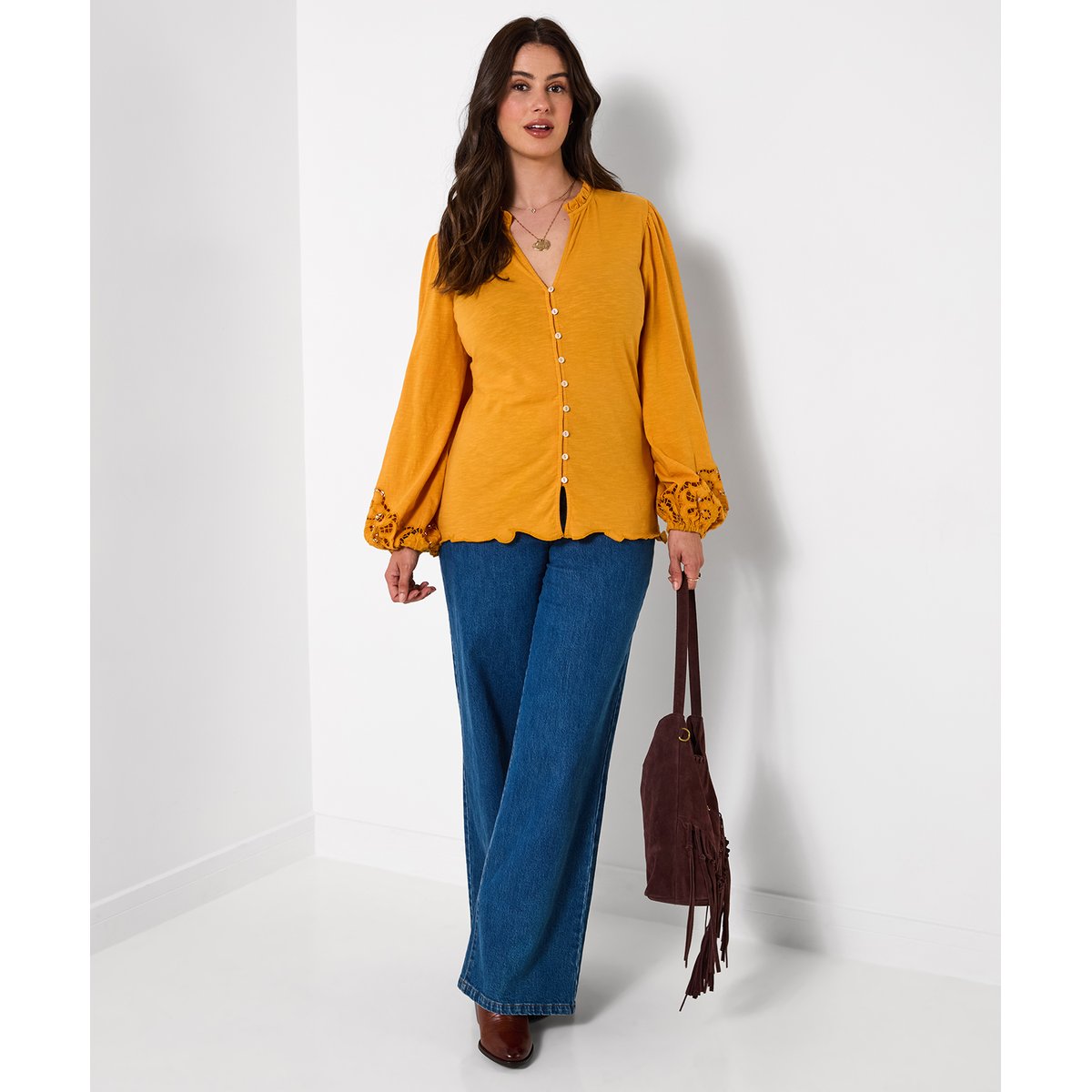 Blouse en Jersey Boutonnée à Manches Brodées jaune, JOE BROWNS